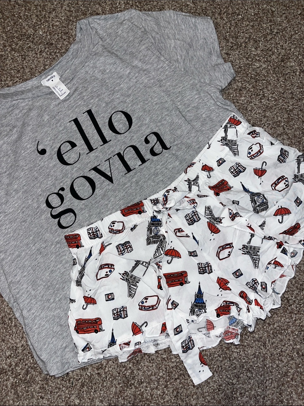 Forever 21 Grey Graphic Tee with Black Lettering and shorts 2 piece pajamas